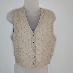 Marled Beige V-Neck Cable Knit Sweater Vest